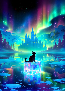 Black Cat on Ice Under Aurora