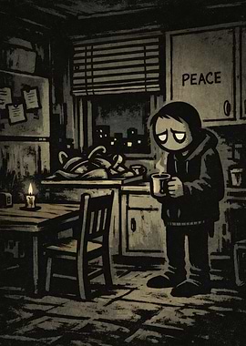 Lonely figure in a dimly lit kitchen