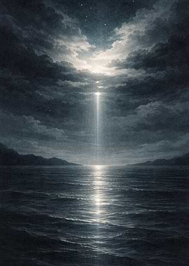 Mystical Light Beam Over Ocean