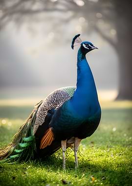 Majestic Peacock in a Misty Garden
