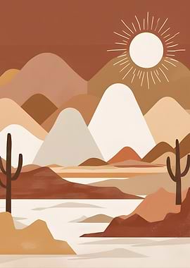 Desert Landscape with Sun and Cacti