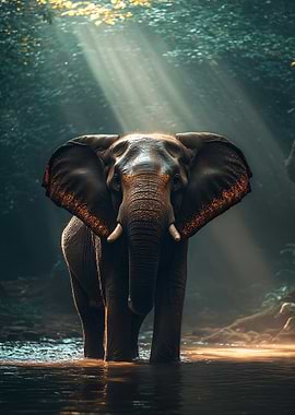 Elephant in a Sunlit Forest Stream