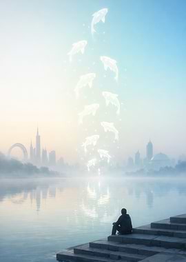 Man watches koi fish ascend into city skyline