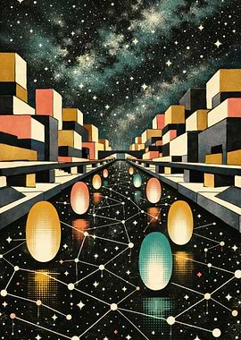 Cosmic Cityscape with Glowing Orbs