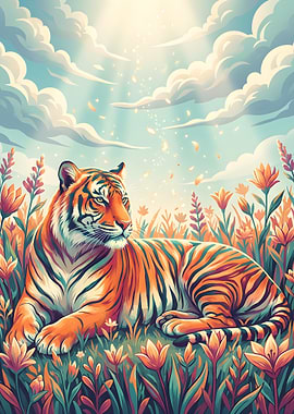 Tiger in a Floral Meadow