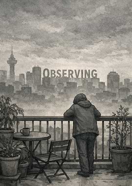 Person observing a foggy cityscape