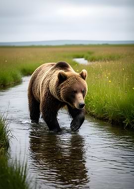 Brown bear walking in a stream