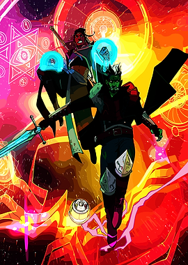 Fantasy characters with glowing magic