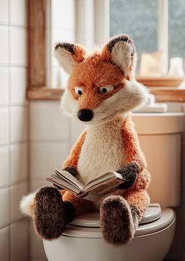 Fox reading a book on a toilet