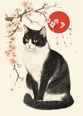 Tuxedo Cat with Cherry Blossoms