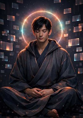Man meditating in a futuristic setting
