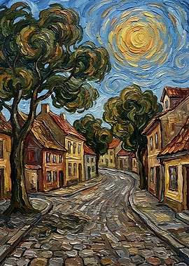 Impressionist Street Scene with Swirling Sky
