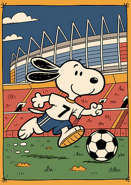 Snoopy playing soccer at a stadium