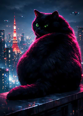 Black Cat Back View Rooftop Neon City Horizon