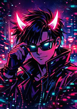 Anime character with glowing horns and sunglasses