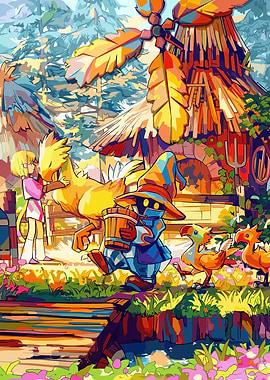 Vivi and Chocobos in a Village