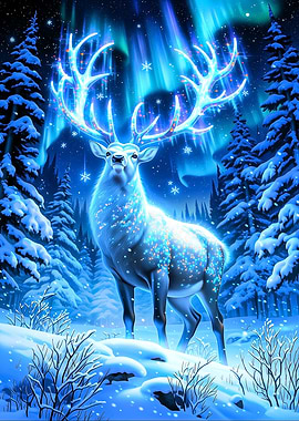 Magical Reindeer Under Aurora Borealis