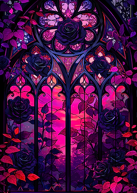 Gothic Stained Glass Window with Roses