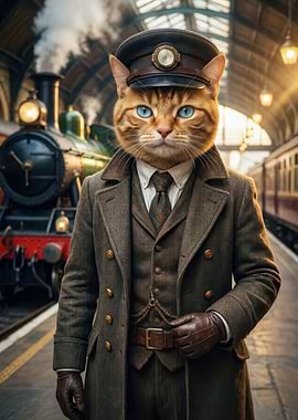 Anthropomorphic Cat Train Conductor