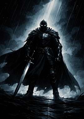 Dark Knight with Sword in Rain