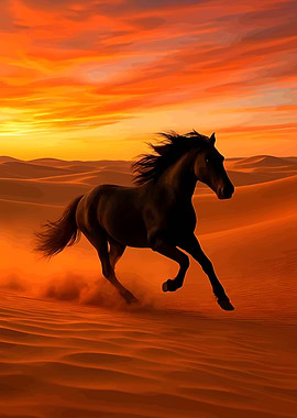 Horse Running Through Desert Sunset
