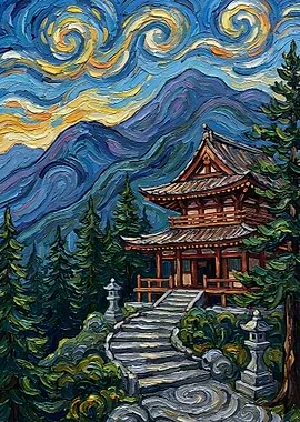Japanese Temple Under Starry Sky