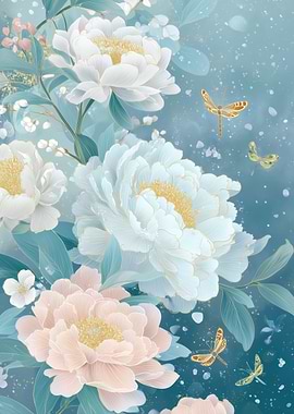 Ethereal Peonies and Dragonflies