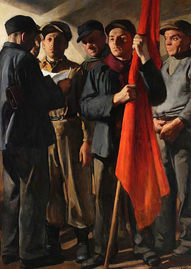Group of men with a red flag