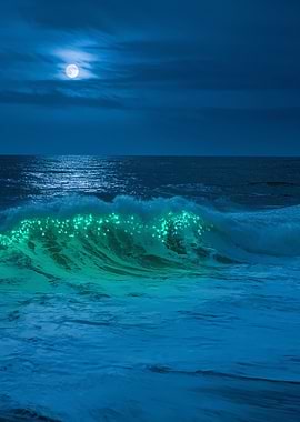 Bioluminescent Wave Under the Moon