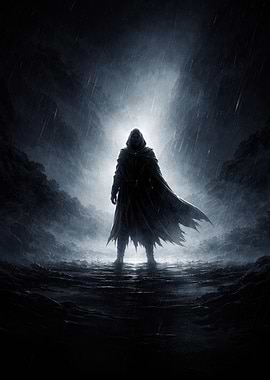 Mysterious hooded figure in the rain