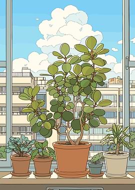 Potted plants on a windowsill overlooking a city