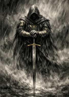 Mysterious hooded warrior with sword