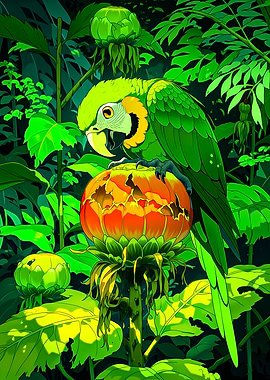 Green Parrot on a Bright Flower