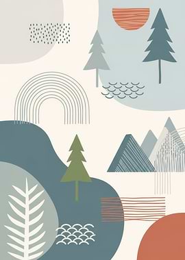 Abstract Nature Landscape with Trees and Mountains
