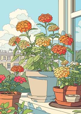Potted Zinnias on a Balcony