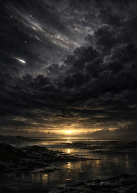 Dramatic Sunset Over Rocky Shoreline