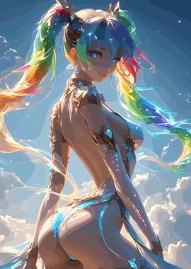 Anime Girl with Rainbow Hair in Sky