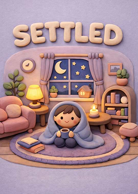 Cozy Night Scene with 'Settled' Text
