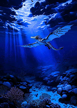 Dragon flying underwater during a storm