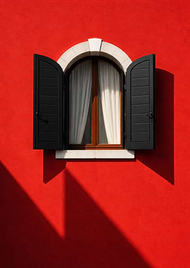 Red Wall with Open Window and Shadows