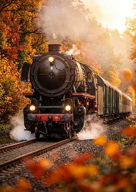 Steam Train in Autumn Forest