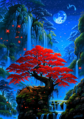 Waterfall Landscape with Red Tree
