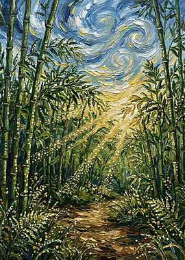 Bamboo Forest Path with Starry Sky