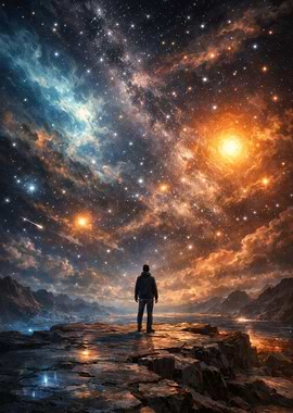 Man Gazing at Cosmic Nebula