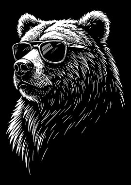 Cool Bear Poster, Black and White Bear with Sunglasses Art, Edgy Animal Wall Print