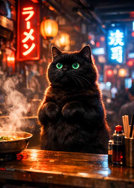 Kawaii Black Cat Standing Ramen Shop Hot Bowl