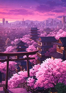 Anime Cityscape with Cherry Blossoms