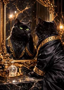 Majestic Black Cat Looking in Mirror Luxury Spa Decor