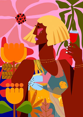 Woman with wine in floral garden