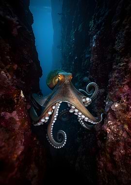 Octopus in a rocky underwater crevice